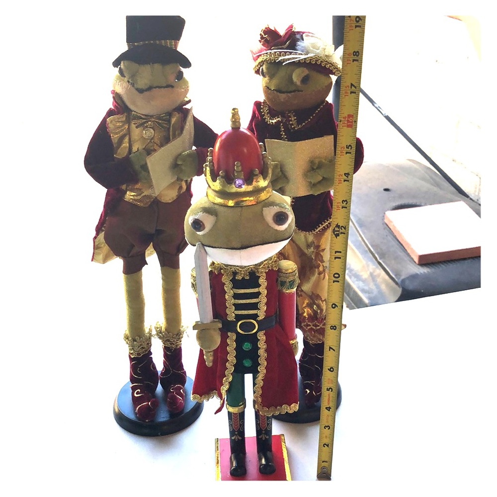 Holiday frog nutcracker & two frog carolers.